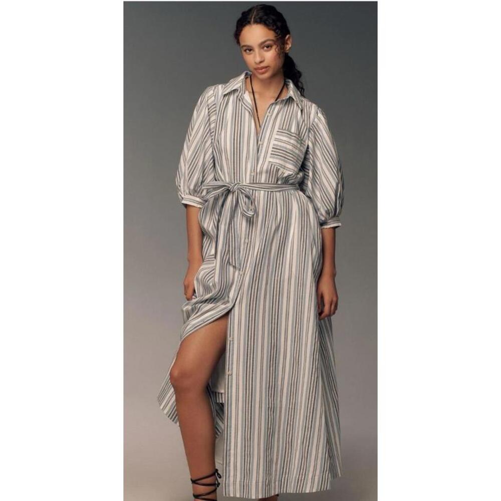 Maeve White and Blue Striped Midi Shirt Dress